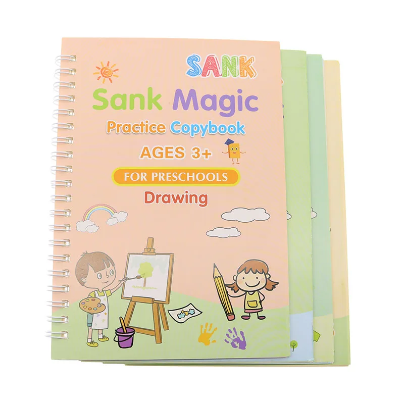 (4 Books and Pens/1 Set) Magic Copybooks Children's Writing Reusable Erasing-Free English Math Drawing Practice Copybooks