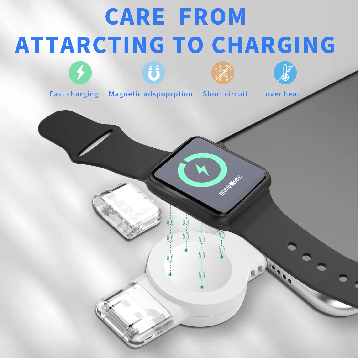 2-in-1 Portable Wireless Charger for Apple Watch Series 9, 8, Ultra, 7, 6, 5, 4, 3 - USB Fast Charging Type-C Station for iWatch