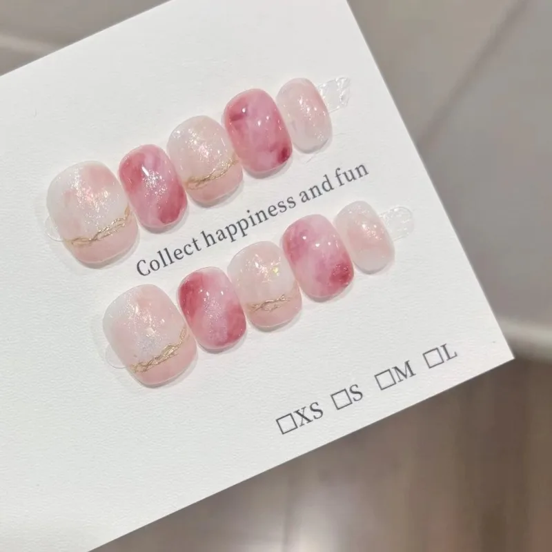 

10Pcs Handmade Pink Short Square Nails Dreamy Smudge False Nail Tips with Gold Foil Edges for Women&Girls Daily Wear Nail Art