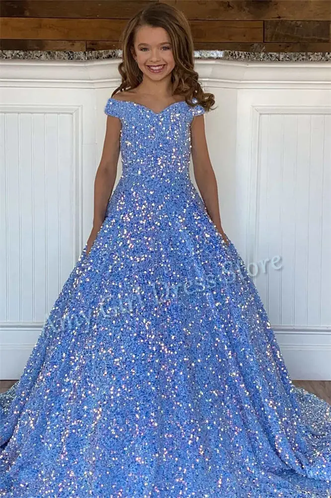 

Customized Blue Gorgeous Flower Girl Dress For Wedding Sparkly Sequins Floor Length Elegant Princess Birthday Party Ball Gown