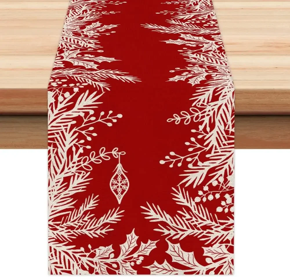 1Pc Christmas Style Table Runner Red White Pine Branches And Berries Print Table Cover For Dining Table Kitchen Desk Holiday Par