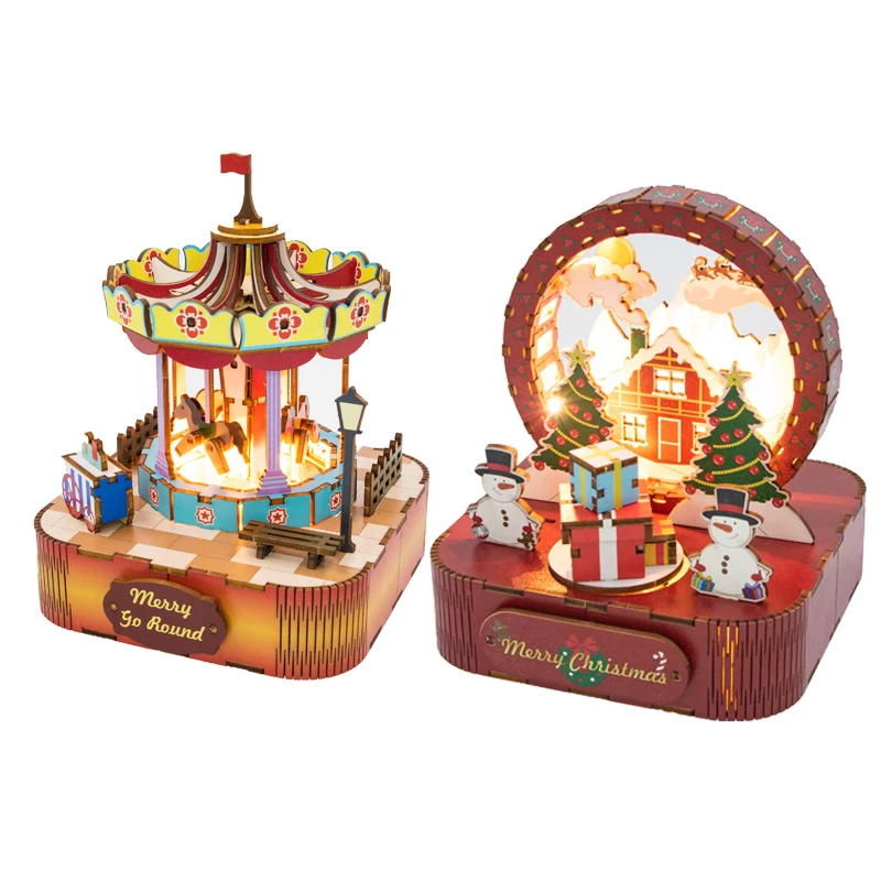 

DIY Merry Christmas Music Box Wooden Model Building Kits Assembled 3D Jigsaw Puzzles Can Move for Friends Gifts Home Decor
