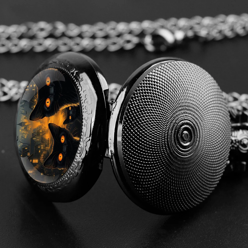 Montre de Poche à Quartz en Verre avec Design de Chats Noirs pour Halloween, Pendentif à la Mode, Chiffre Arabe, Collier, Cadeau pour Homme et Femme