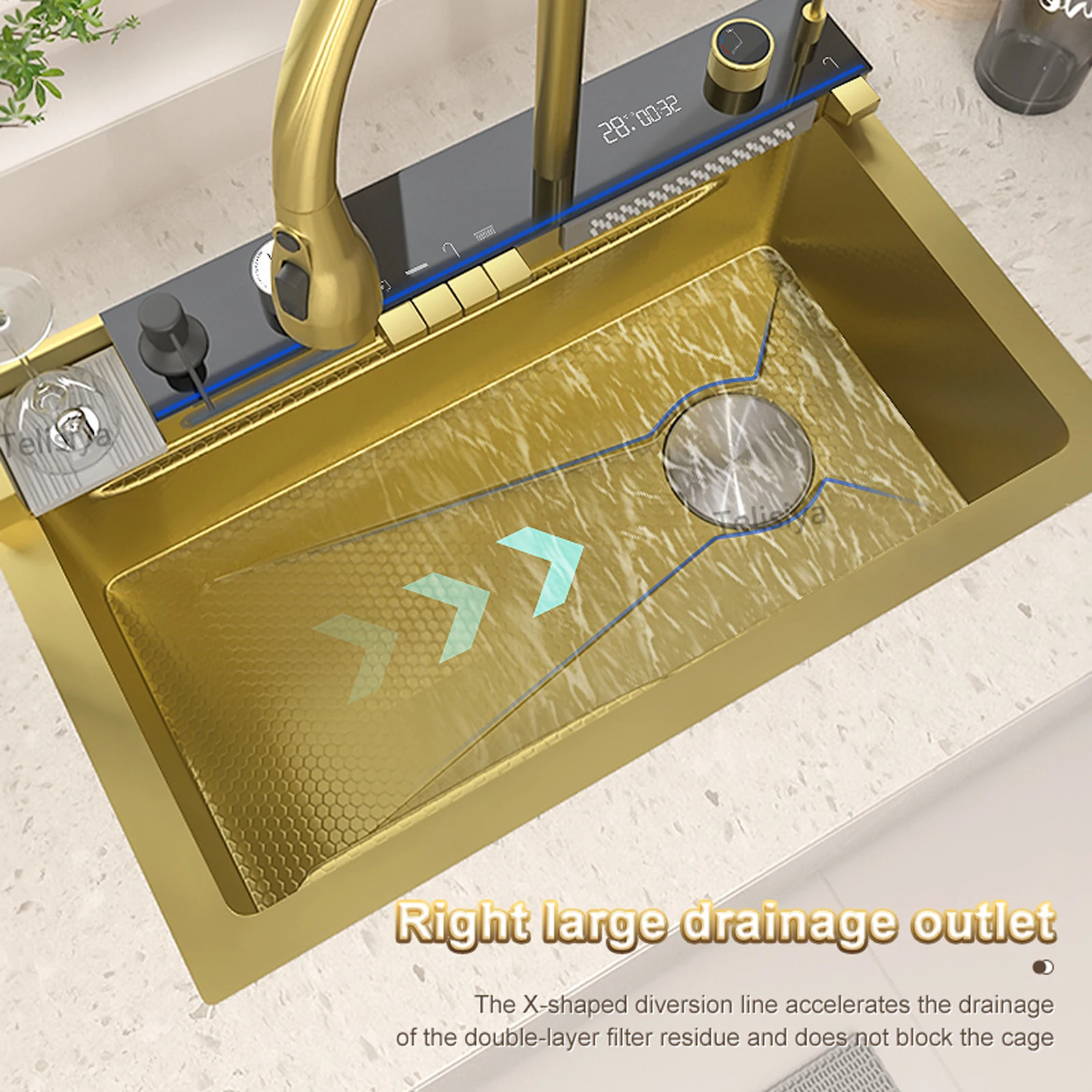 Stainless Steel Kitchen Sink Waterfall Gold Embossed Large Single Slot Multifunctional Sinks Digital Display Wash Dish Bowl
