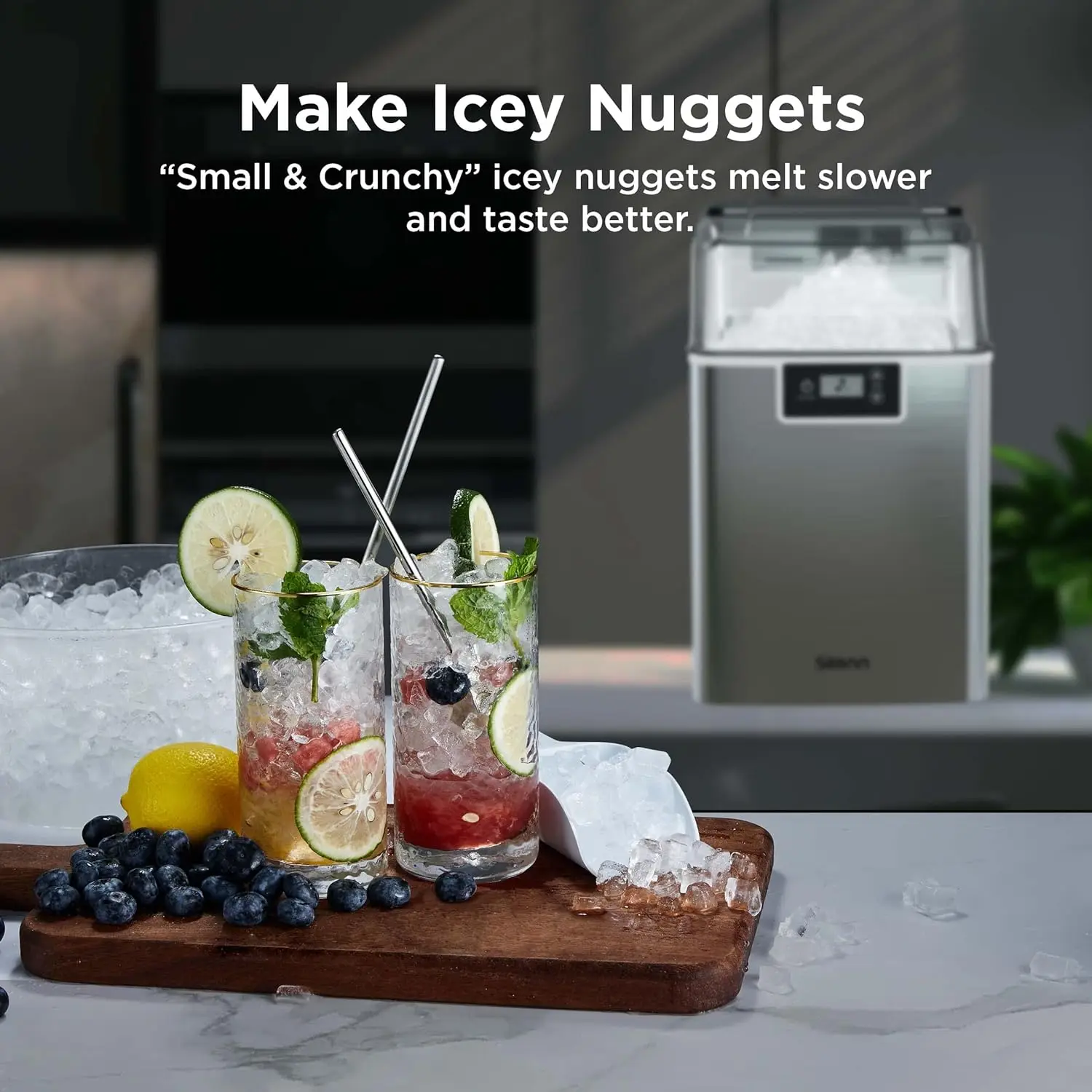 Compact Nugget Ice Maker，44lbs/Day Pellet Ice Maker Machine with Timer & Self-Cleaning Function, Portable Countertop Ice Maker