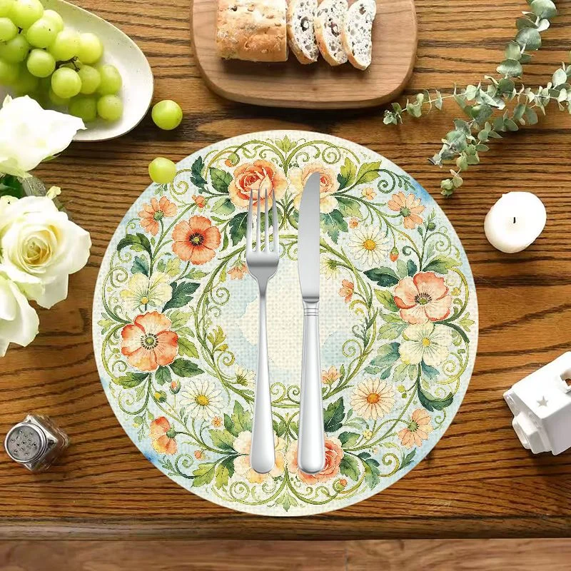 VIKAMA Deep Red Gold Floral Vine Round Mat, Heatproof Retro Botanical Decor Dining Mat