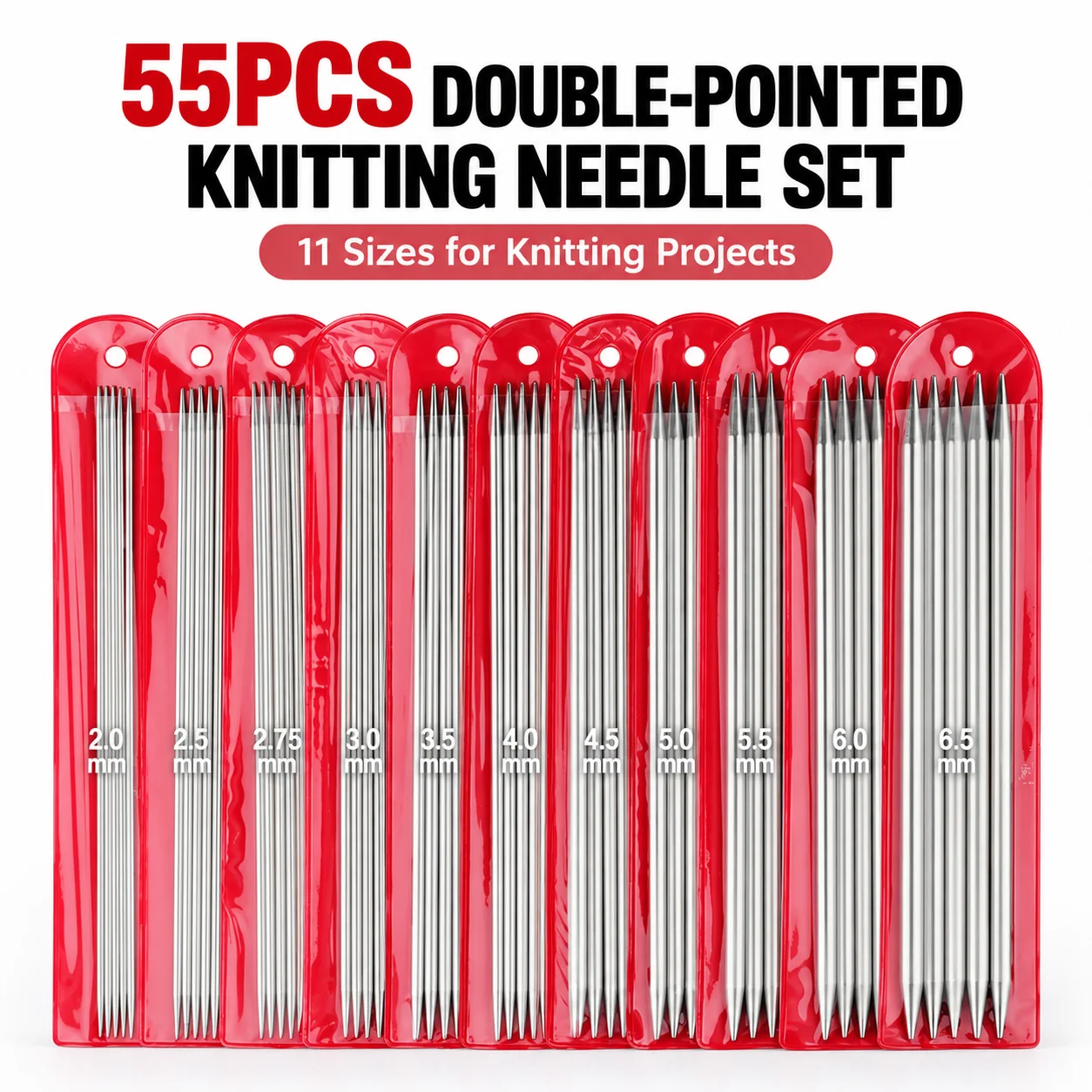 55Pcs/Set 2.0-6.5mm Stainless Steel Knitting Needles Set Double Pointed Straight Knitting Needles for DIY Weave Gloves Sweaters