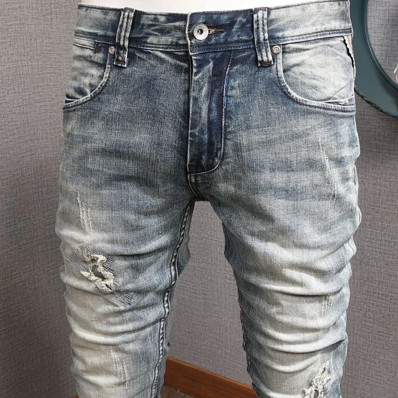 Fashion Designer Men Jeans High Quality Retro Blue Elastic Stretch Slim Fit Ripped Jeans Men Patched Vintage Denim Pants Hombre