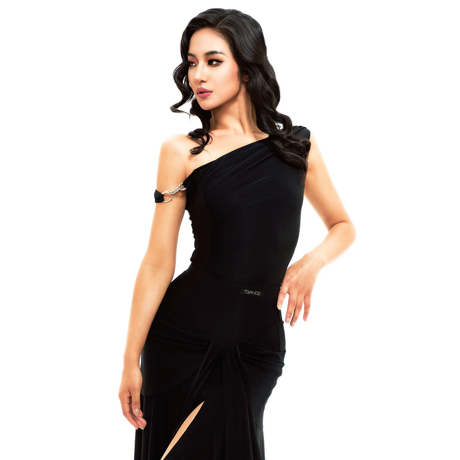 2025 슬랜트 숄더 라틴 댄스 탑 여성 블랙 레오타드 디자인 센스 댄스 의상 볼룸 댄스 공연 의상 NV25954