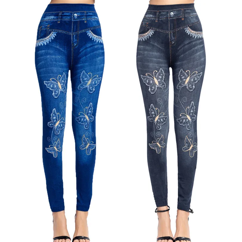 LJCUIYAO-mallas vaqueras Push Up sin costuras de cintura alta para mujer, Jeggings elásticos, pantalones vaqueros con estampado de mariposas, parte