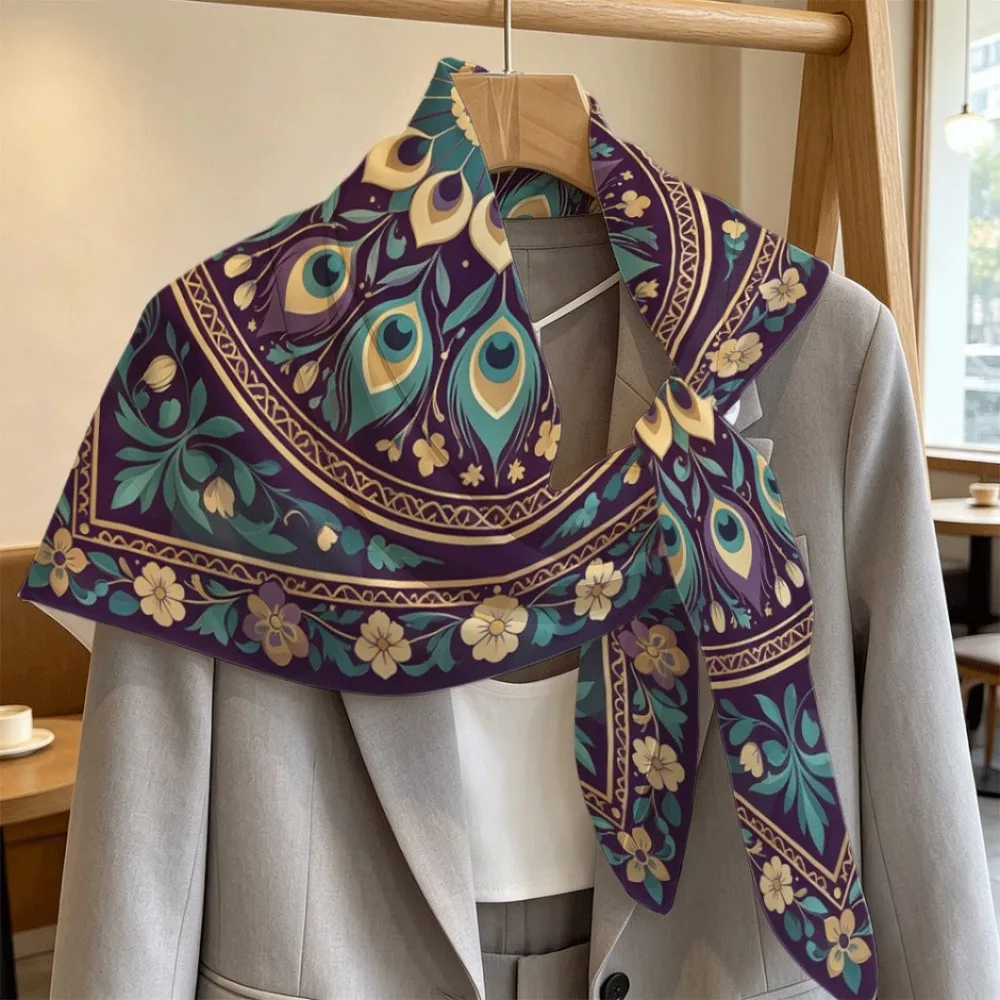 Peacock Feather Circular Floral Design Women Abstract Print Square Scarf, Artistic Multi-use Decor Gift