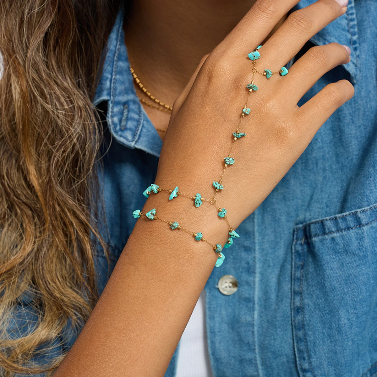 

Fashion Double Layer Irregular Turquoise Hand Chain Bangle Bracelet Stainless Steel Handmade Links Chain Bracelet Women jewelry