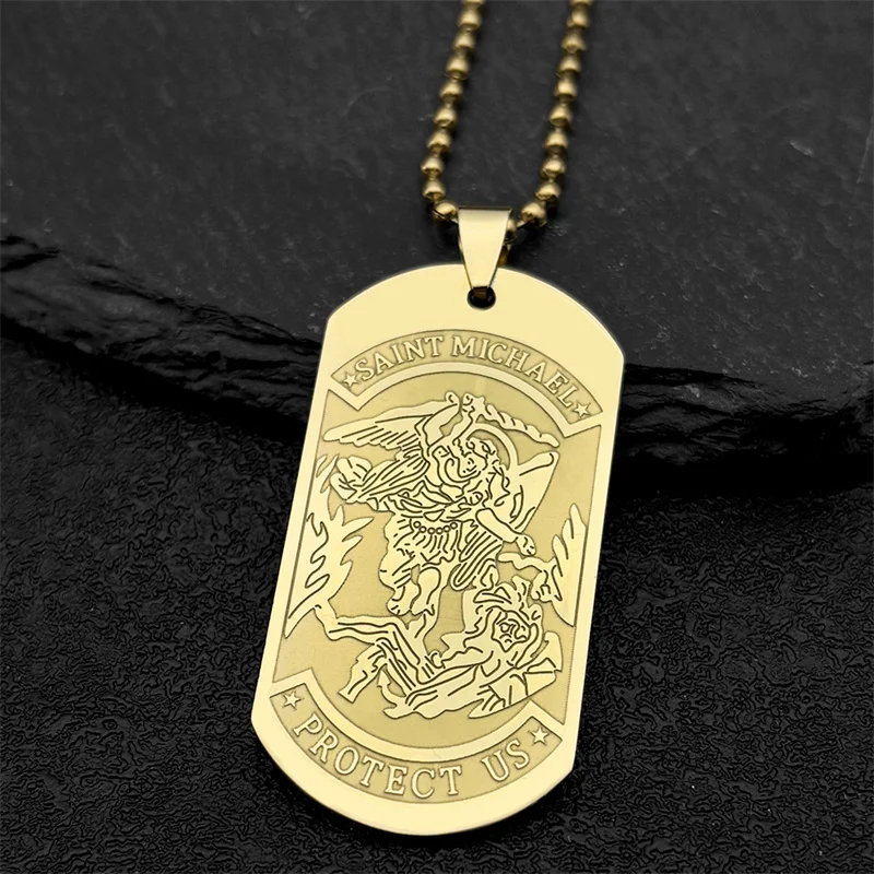 SAINT MICHAEL PROTECT US Archangel Stainless Steel Dog Tag Car Pendant  for Women Men Gold Color Bead Chain Jewelry Ornaments view 4