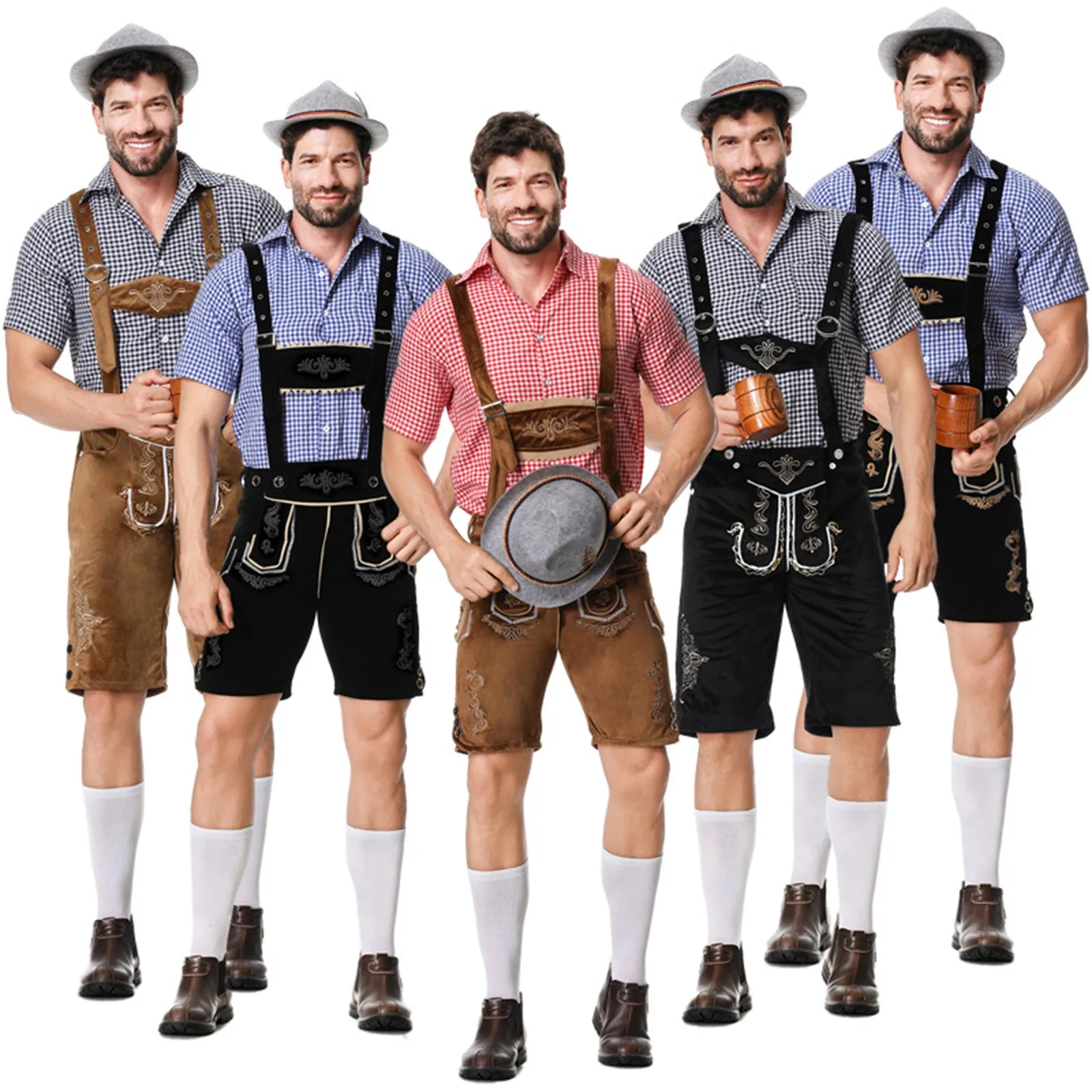 

German Men's Oktoberfest Cosplay Costume Suit Plaid Shirt+Rompers Bavarian Bartender Waiter Role Play Carnival Party Costume