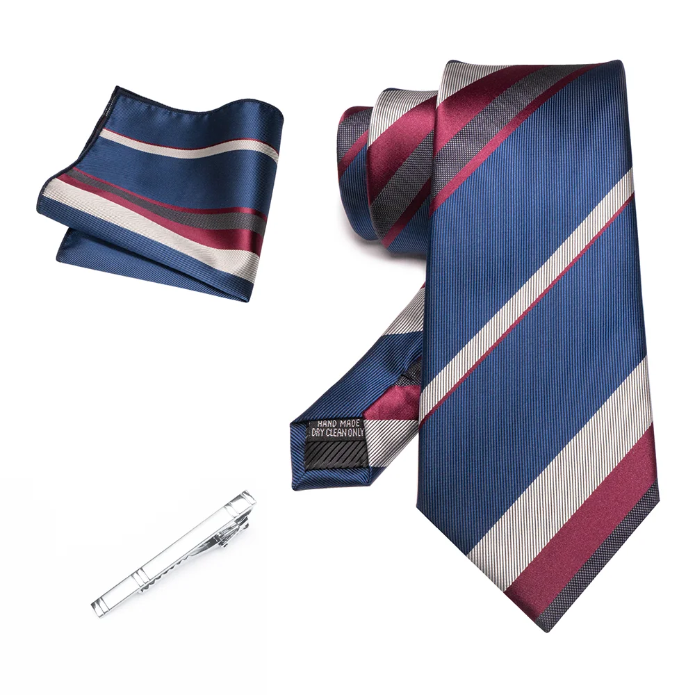 Herren Marineblau Krawatte Rot-Grün Gestreiftes Krawattenset Glänzender Clip Hochwertiges Einstecktuch für Business-Anzüge Anlässe Hochzeit Party – Detail 23