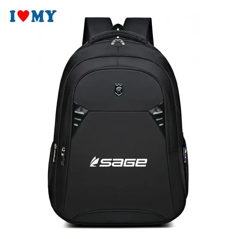 

Black Athletic Backpack with Sage Logo Print for Men Women, Spacious Multi-functional Shoulder Bag for School, Travel, Gym