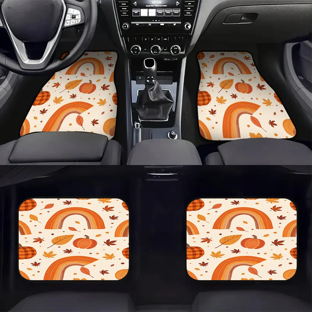 4pcs Car Floor Mats For SUVs Or Pickup Trucks - Plaid Pumpkin Autumn Rainbows Leaves Design, Non-Slip Backing, Easy Maintenance,