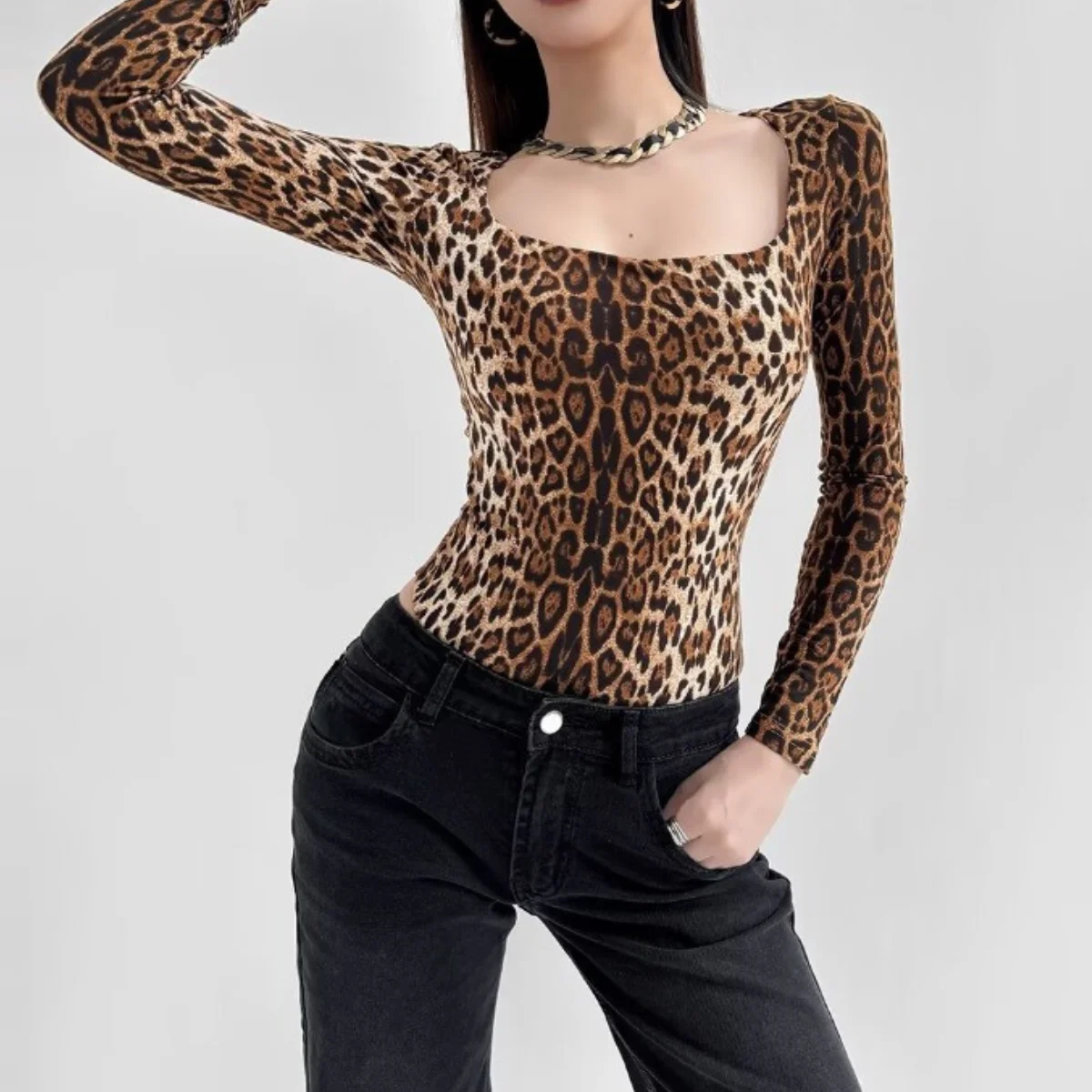 Leopard Bodysuits Fall Outfits For Women 2024 Fashion Sexy Square Collar Jumpsuits Long Sleeves Slim Shapewear Winter Bodyshaper