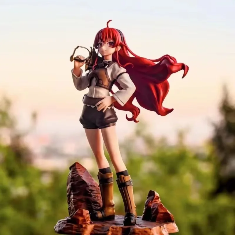Red Hair Anime Girl Figure, Busty Girl with Sword Rock Base Bunny Ear Accessory Collectible Model Doll Desktop Decor