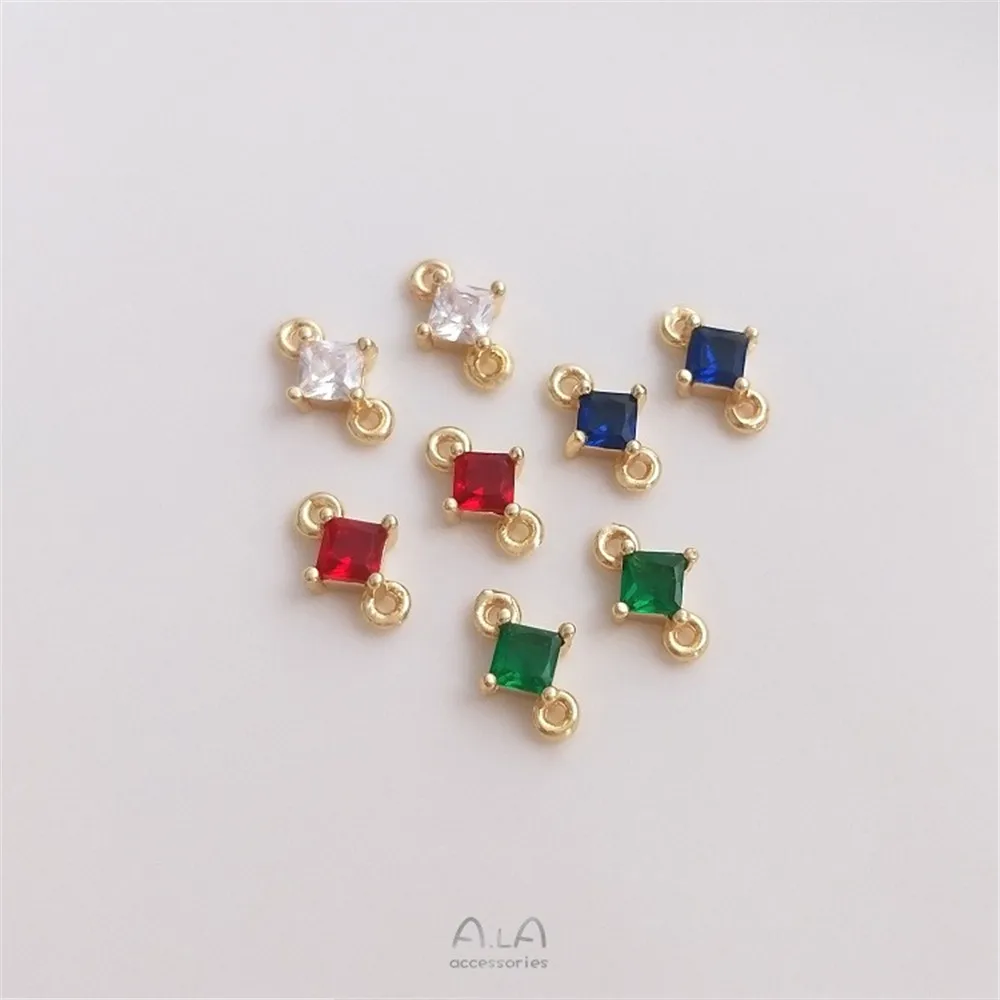 14K Goldfarbe eingelegter Edelstein, blauer Zirkon, Smaragd, Zirkon, quadratisch, doppelt hängendes Zubehör, handgefertigte DIY-Schmuckmaterialien