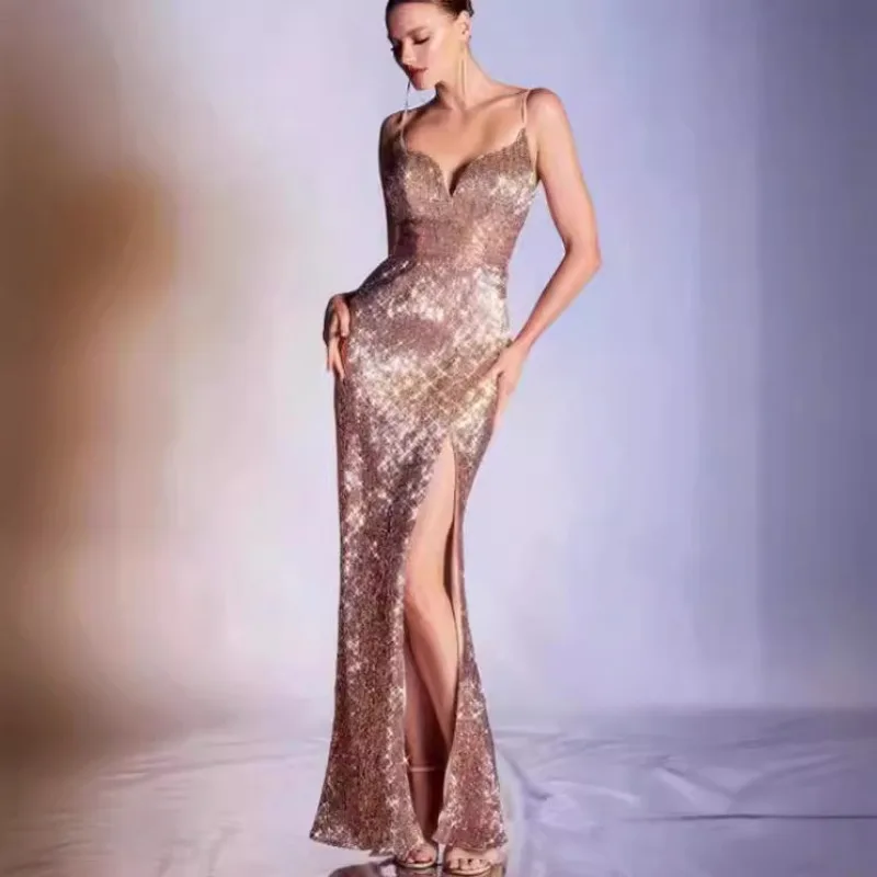 Spring summer 2024 Off-the-shoulder sexy sling deep V-bead ribbon big swing ball split evening dress