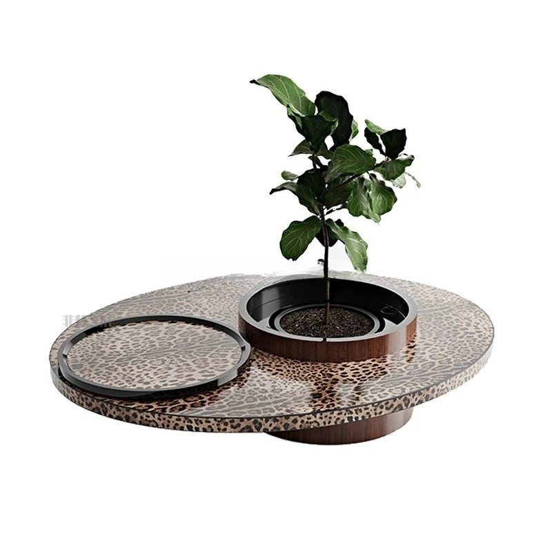 

Легкий люкс, кофейный столик с леопардовым принтом для виллы, дизайнерский столик для гостиной с зелеными растениями