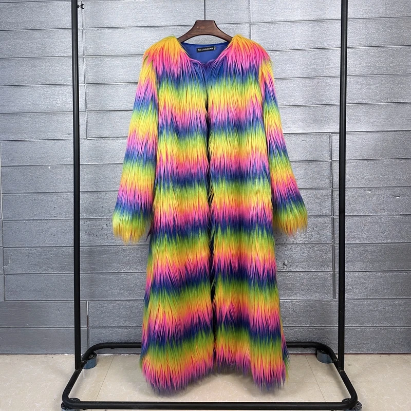 Regenbogenfarbener Pelzmantel aus Bergwolle, verlängerte Länge, Oberbekleidung, feenhafte Lederimitation für Damen und Herren, Pendeln