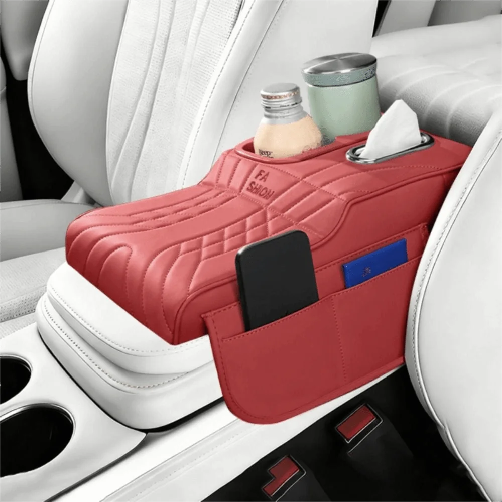 

PU Leather Car Armrest Box 2 Cup Holder Height Increase Vehicle Armrest Cushion with Tissue Box Side Extension Pockets