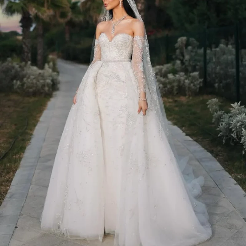 Suknie ślubne balowe w kolorze kości słoniowej na zamówienie, królewskie, z dekoltem w serce, kryształami, długim rękawem, zdobione koralikami, suknia ślubna.