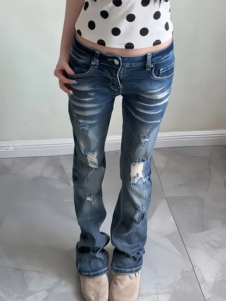 

Retro American Hole Washed Bamboo Leaf Jeans Women's Summer New Style Slimming Micro Flared Long Trousers Trendy Ladies Jeans