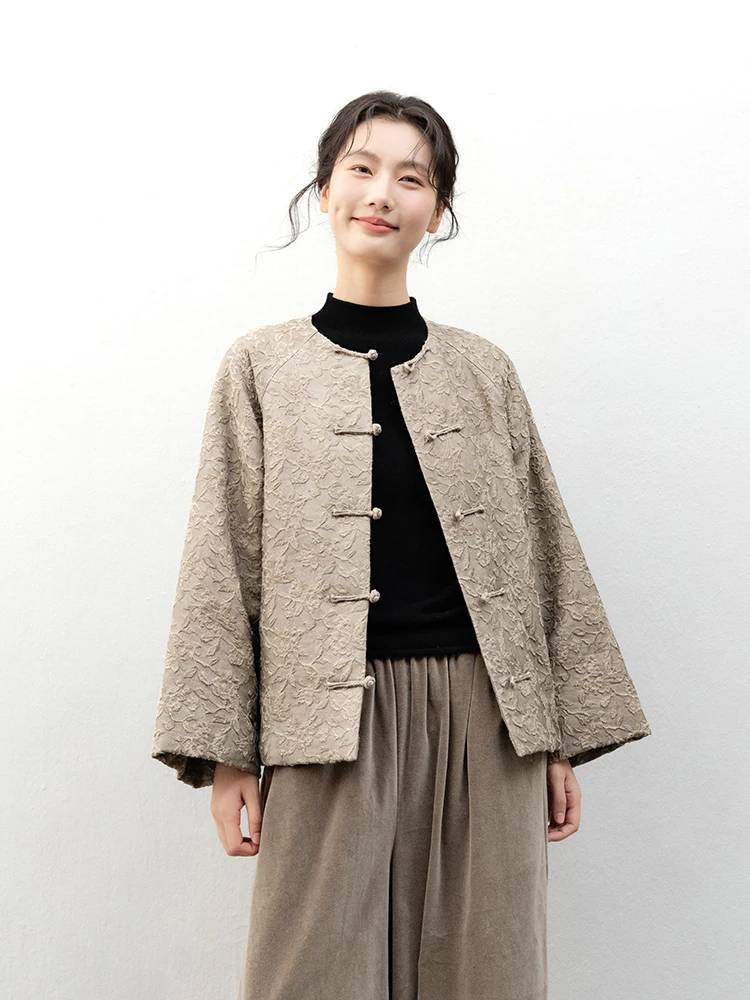 

New Le Collection Wool Blend Twill Autumn Winter Chinese Sle Buttoned Cotton Jaet Top Embroidered Outerwear
