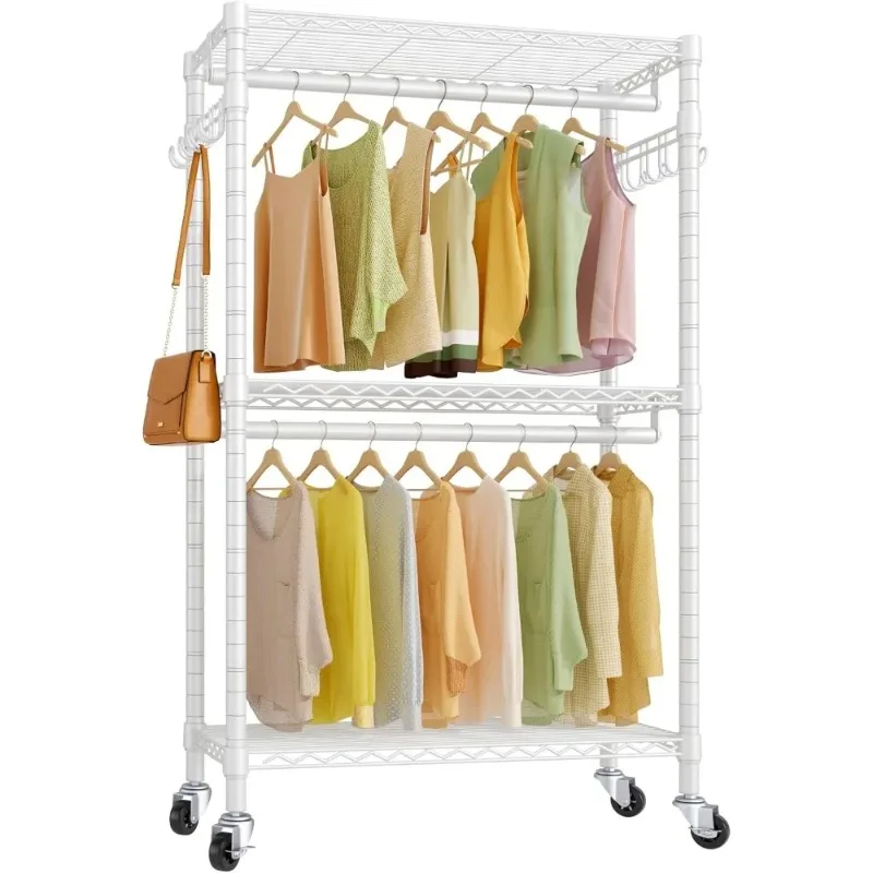 

V12 Medium Heavy Duty Rolling Garment Rack 3 Tiers Adjustable Clothes Rack with Double Rods & Hooks, Freestanding Wardrobe