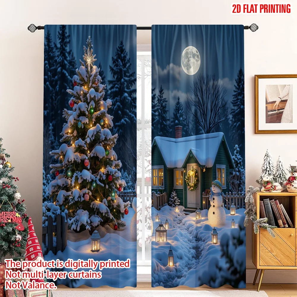 

2pcs 2D flat printing Merry Christmas Party Curtains Cozy Christmas Cabin Snowmen Polyester Fabric Without Electricity Spring