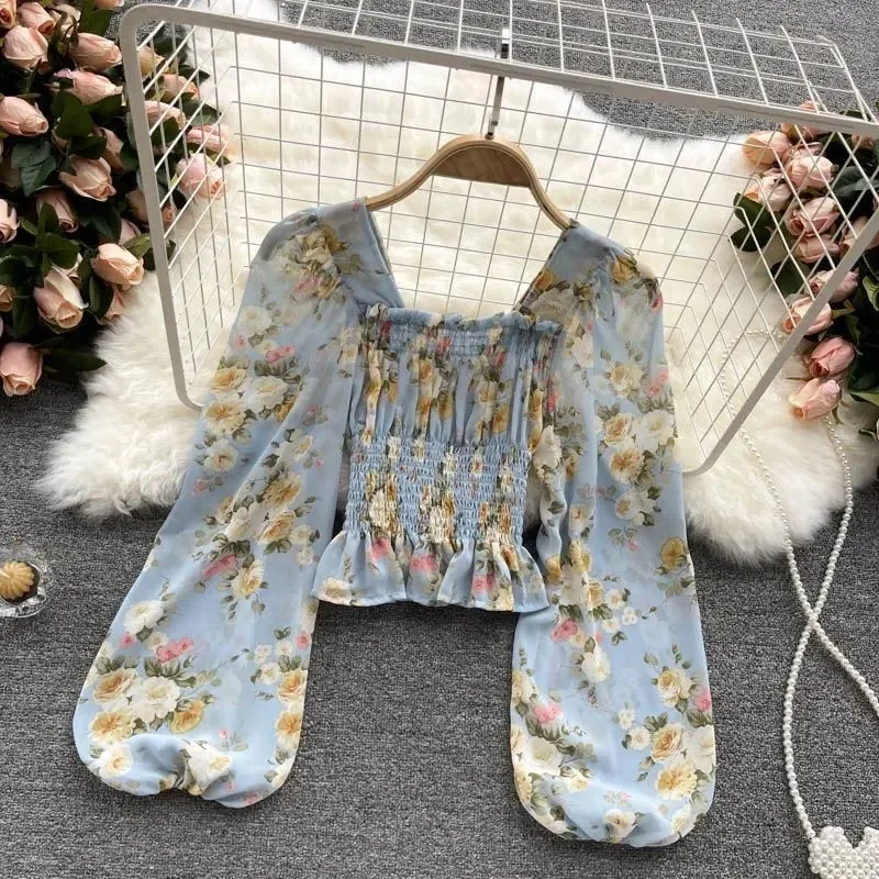 Women Blouse Retro Sexy Square-Neck Chiffon Shirt Long Sleeve Shirt  Vintage Floral Korean Fashion Crop Top