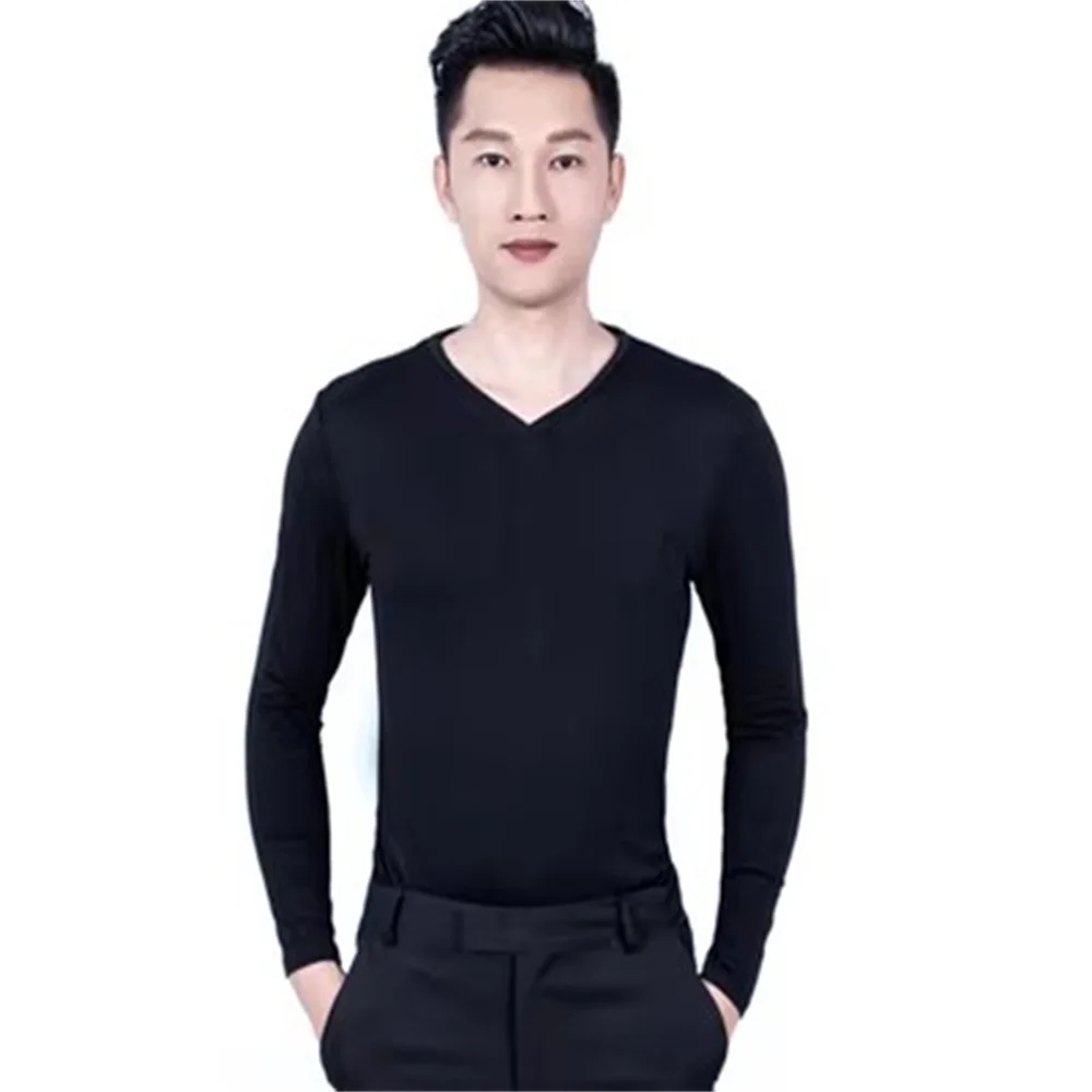 Black color Short sleeves men's Latin dance shirt V-necked men's modern dance long-sleeved tops Soft and comfortable fabric