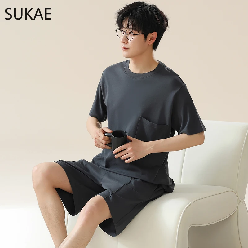 SUKAE-Conjunto de pijama de algodón para hombre, ropa de dormir de manga corta, pantalones cortos, para niño, L-3XL, joven