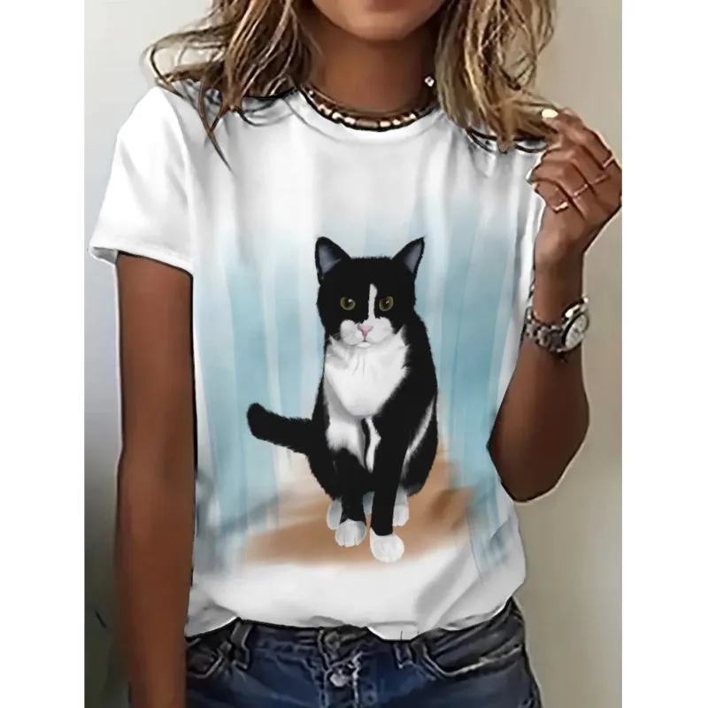 Summer Women's Tee 3d Print Black Cat Graphics Casual Short Sleeve Tops Fashion Round Neck T Shirts For Women Blusas Feminina