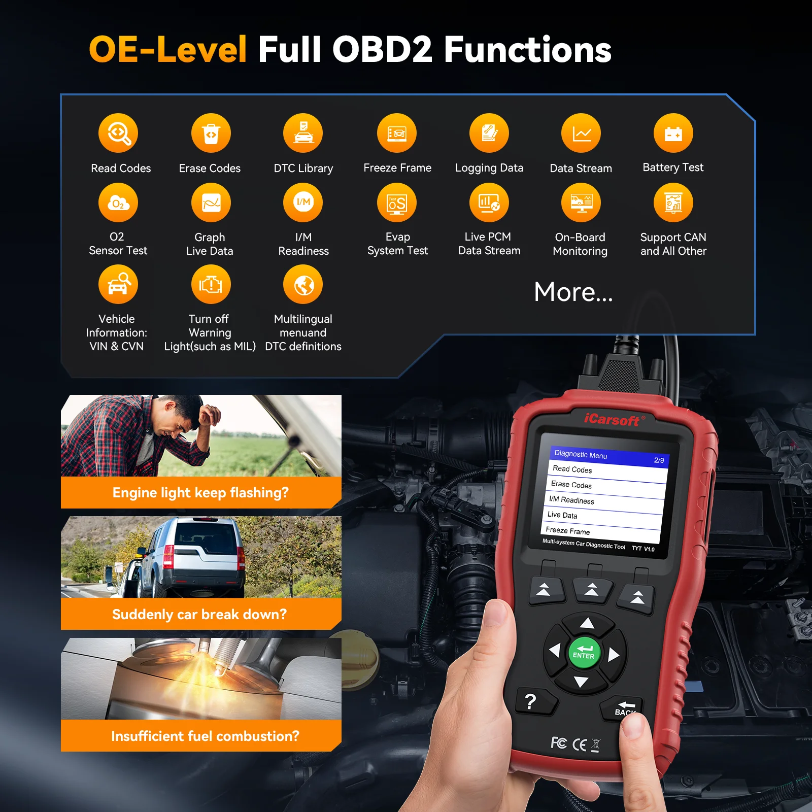 iCarsoft All Systems OBDII Scan Tool for Toyota/Corolla/Nissan/Honda/Hyundai/Kia, TYT V1.0 (2025) Oil Reset + SAS Reset