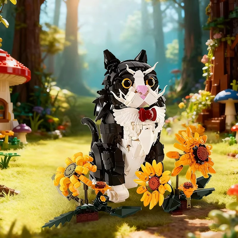 Kit de bloques de construcción de gato esmoquin de girasol MOC, 1434 Uds., flor blanca y negra, gato, modelo Animal, juegos de ladrillos, juguetes DIY para niños, regalos
