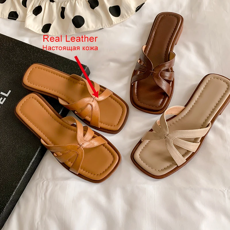 JOZHAMTA Size 34-40 Women Slides Sandals Genuine Leather Soft Low Heels Summer Beach Shoes Casual Home House Slippers Outdoor