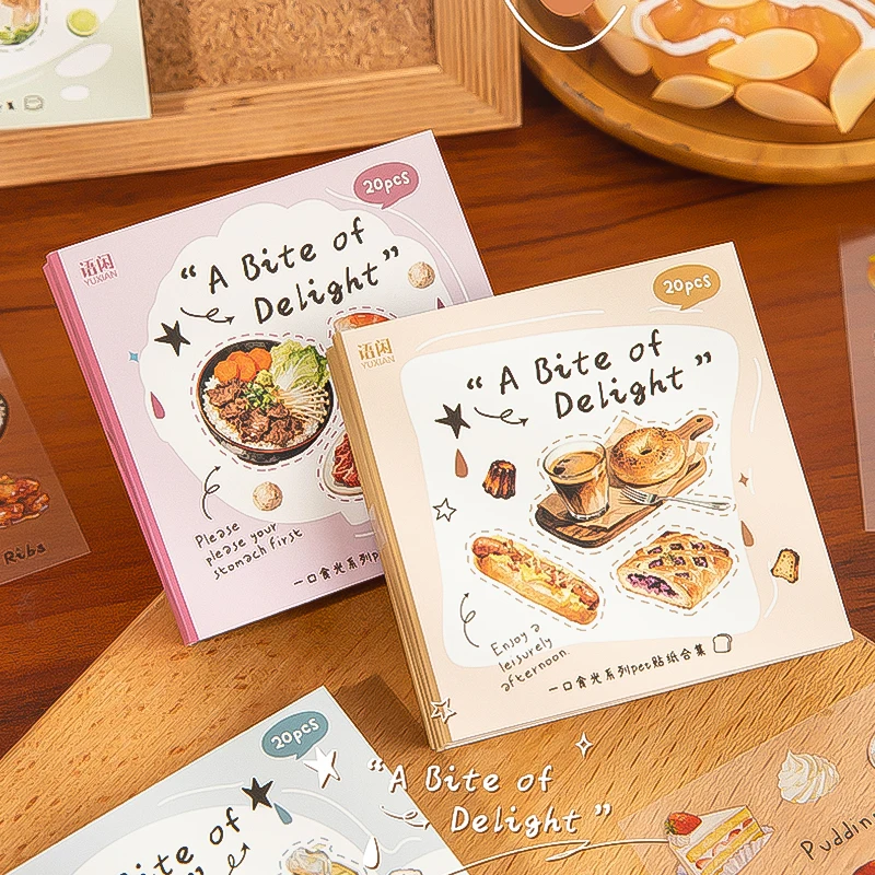Mr. Paper 20pcs Bite of Light Sticker Book - Square PET Journal Supplies, Food Theme Collage Decor, Creative Stationery Material