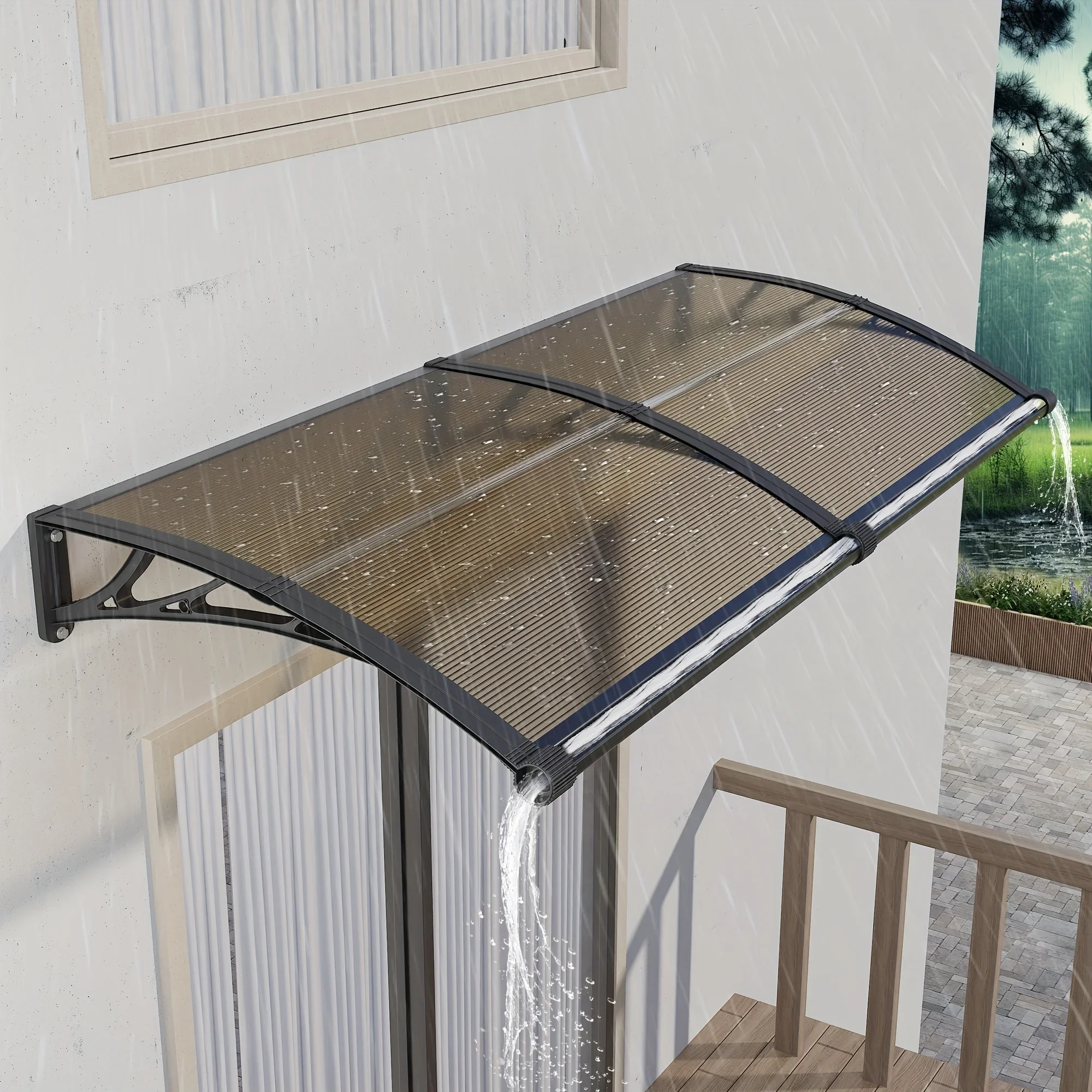 Large Polycarbonate Gutter Awning for Doorways;Awnings and Rain and Snow Protection Canopies for Patios and Gardens;brown Boards