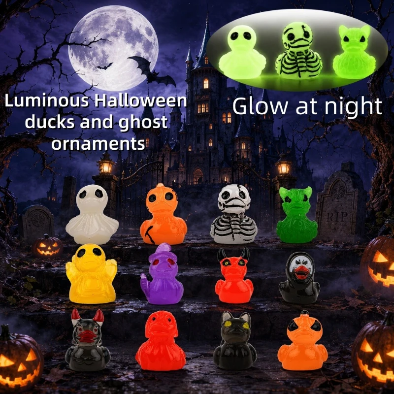 12/24pcs Mini Glow-in-the-Dark Halloween Ducks and Ghost Miniatures Figurines micro-landscape DIY desktop decoration ornaments