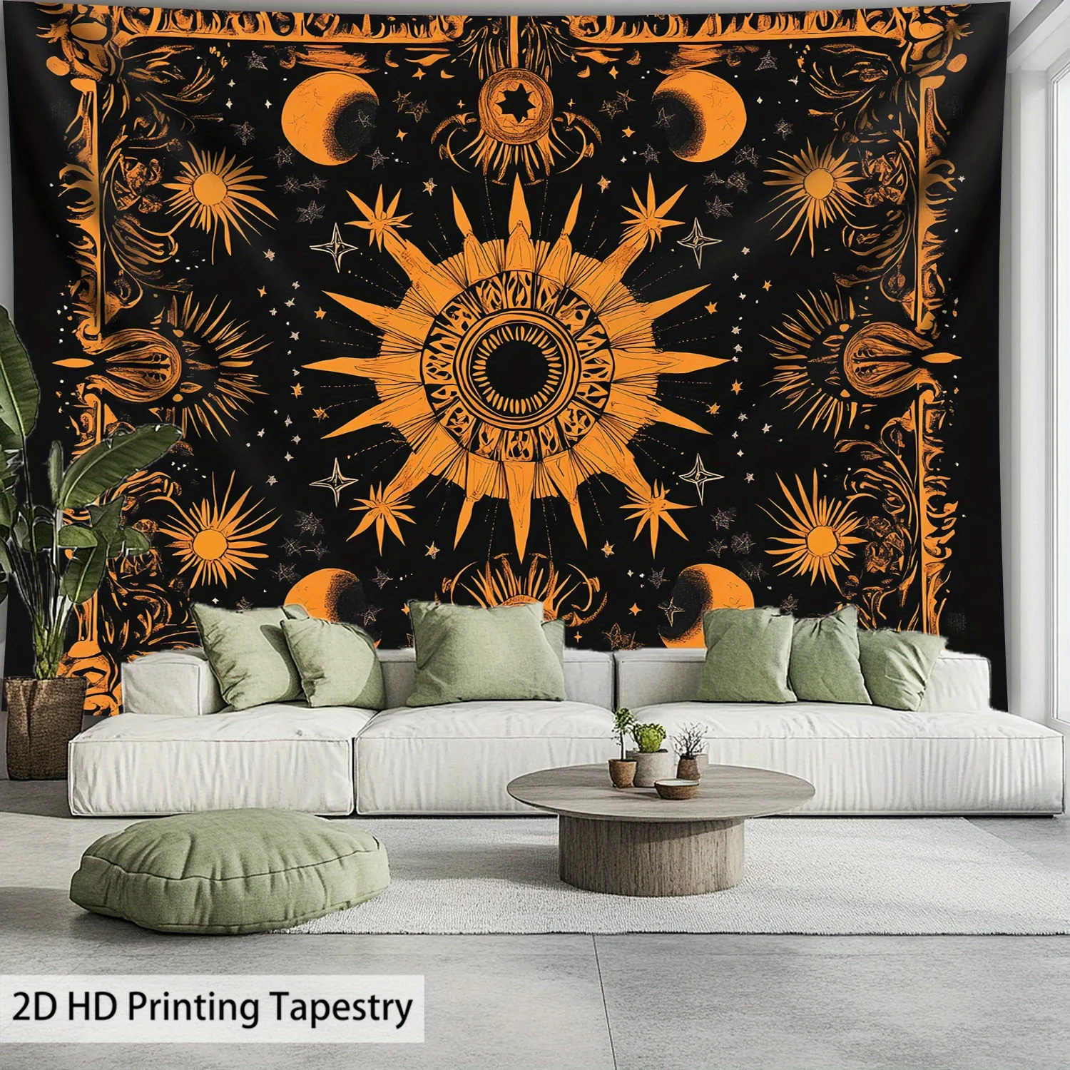 VIKAMA Wandteppich aus Schwarzgold mit Sonne und Sternen, Bohemian-Stil, Wohnzimmer-Wandbehang, mystischer Stil, Raumdekoration