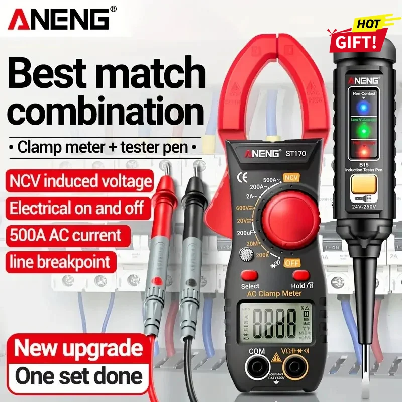 ANENG ST170 Digital Clamp Meter 1999 Counts AC Current Measurement ACDC Voltage Resistance Capacitance NCV withB15 Voltage Teser