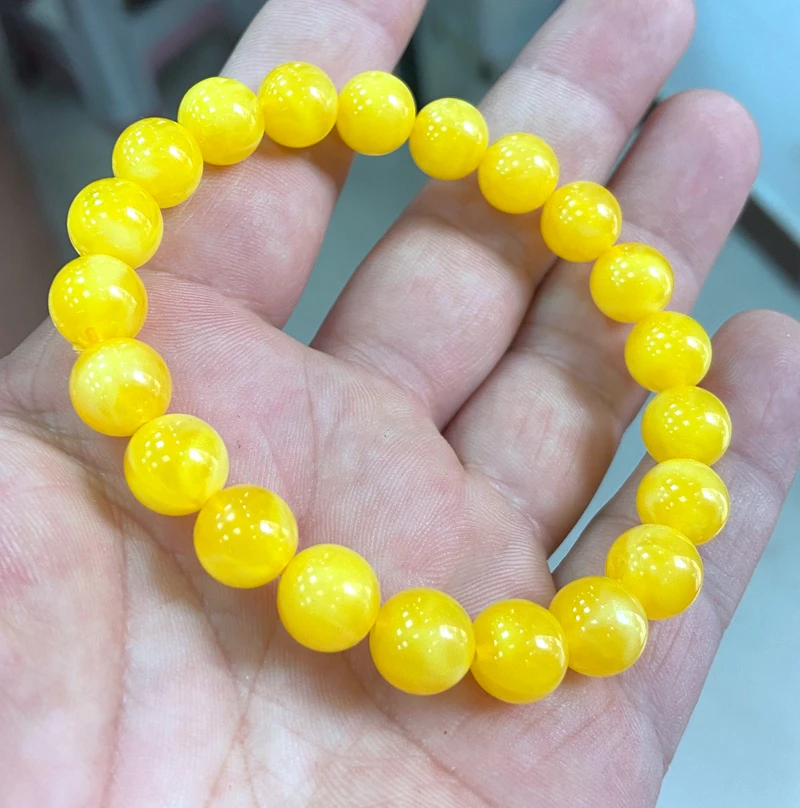 Certificate 10mm Natural Yellow Round Mexican Amber Beeswax Bracelet