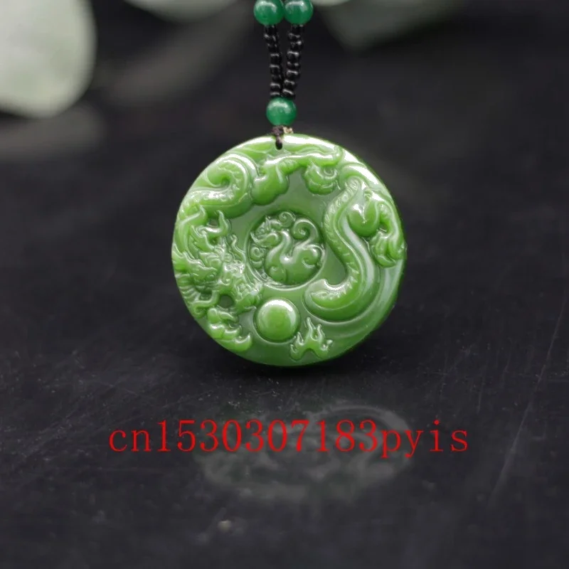 

Natural Hetian Green Jade Dragon Pendant Beads Necklace Fashion Charm Jewelry Chinese Jadeite Carved Amulet Gifts for Women Men