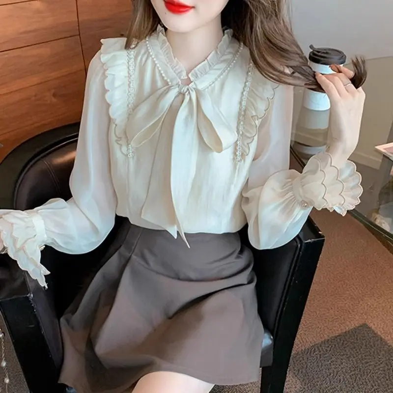 엘레 롱 스웨 여성용 쉬폰 셔츠 매듭 디테일 부드러운 외투 캐주얼 클린핏 얇은 소재 중국 브랜드