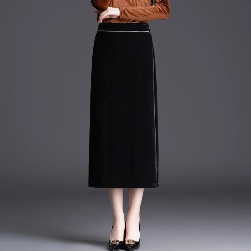 

Новая женская длинная юбка Ele Gold Velvet с бриллиантовой отделкой, завышенной талией и прямым кроем, осень-зима, черная