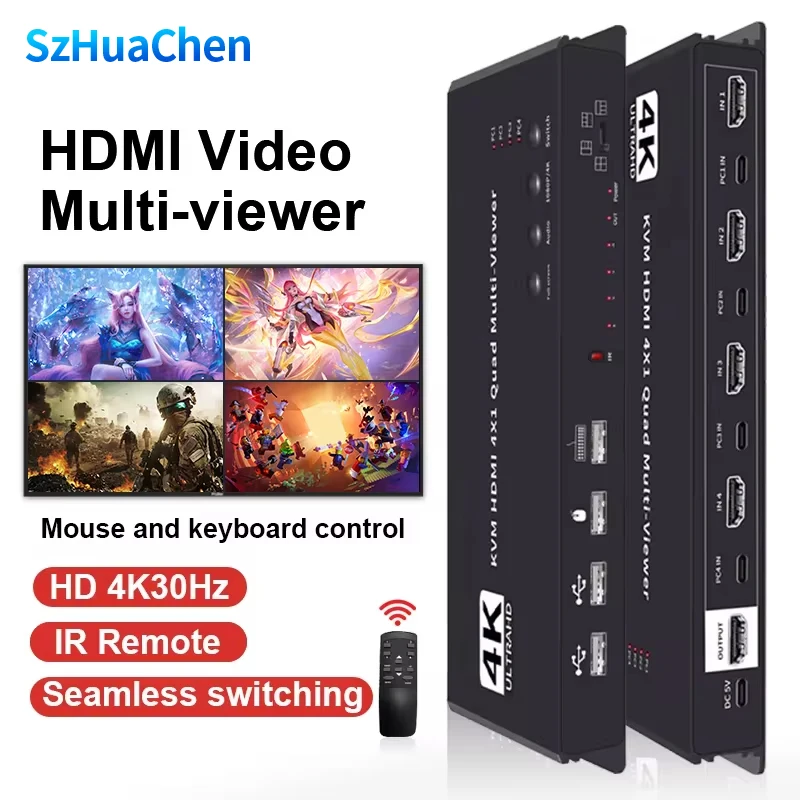 4K HDMI KVM Switch 4x1 Quad Multi Viewer 4 in 1 Out KVM HDMI Processor Screen Multiviewer Seamless for 4 PC Share Mouse Keyboard